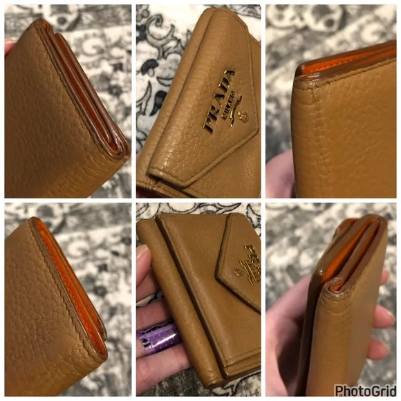 Prada AUTHENTIC Tan Leather Orange Interior Trifold Gold Logo Compact Wallet - Picture 10 of 16